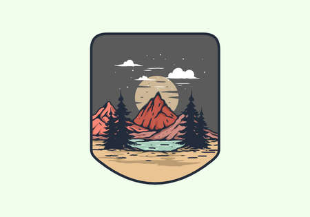 Lake and mountain with big moon illustration designのイラスト素材