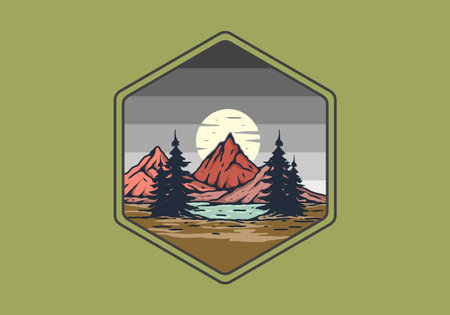 Lake and mountain with big moon illustration designのイラスト素材