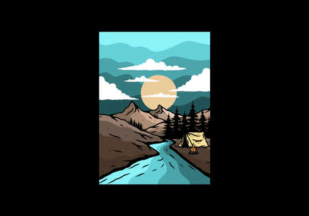 Camping by the river flat illustration designのイラスト素材