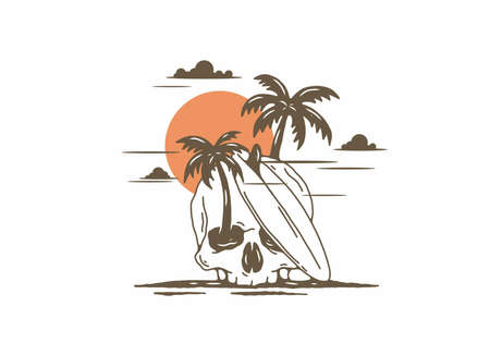 Surfing board and skull illustration designのイラスト素材