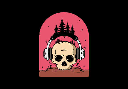 Skull head with headphone and pine trees illustration designのイラスト素材