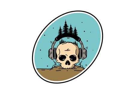 Skull head with headphone and pine trees illustration designのイラスト素材