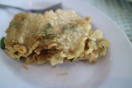 fried tempeh flour on a white plate photoの写真素材