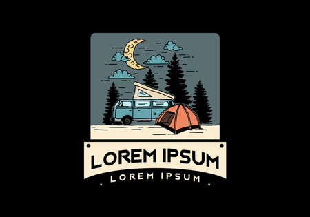 Half moon camping with campervan illustration designのイラスト素材