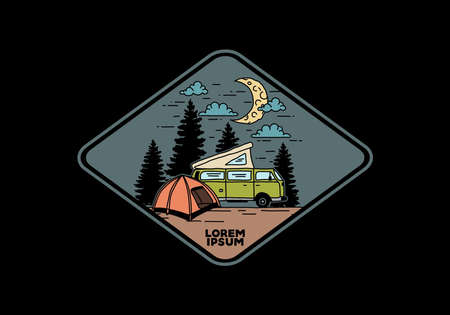Half moon camping with campervan illustration designのイラスト素材