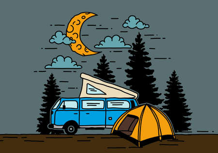 Half moon camping with campervan illustration designのイラスト素材