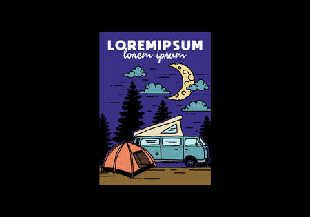 Half moon camping with campervan illustration designのイラスト素材