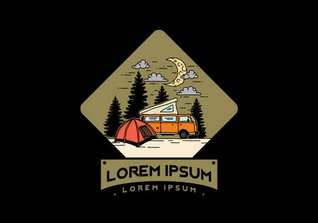 Half moon camping with campervan illustration designのイラスト素材