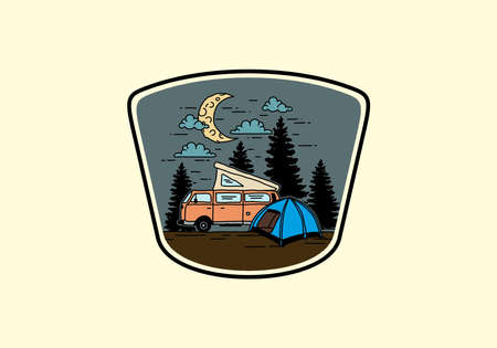 Half moon camping with campervan illustration designのイラスト素材