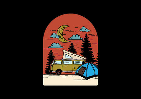 Half moon camping with campervan illustration designのイラスト素材