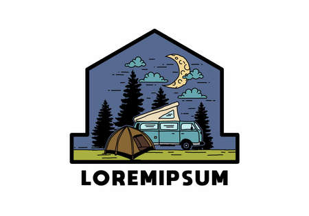 Half moon camping with campervan illustration designのイラスト素材