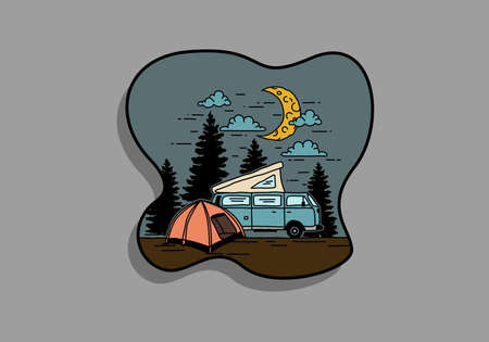 Half moon camping with campervan illustration designのイラスト素材