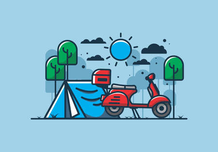 Camping with scooter flat illustration designのイラスト素材