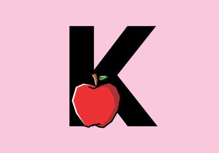 K initial letter with red apple in stiff art style designのイラスト素材