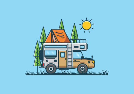 Strong big camper van camping illustration designのイラスト素材