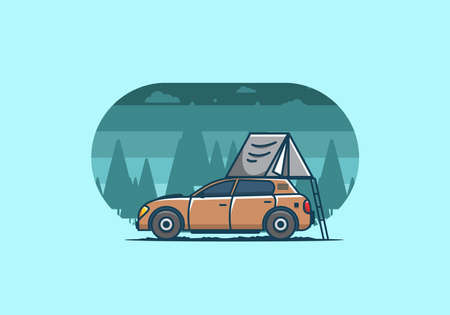 Camping with car flat illustration designのイラスト素材