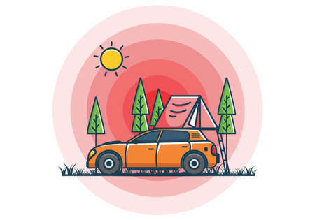 Camping with car flat illustration designのイラスト素材