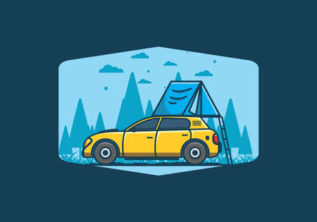 Camping with car flat illustration designのイラスト素材