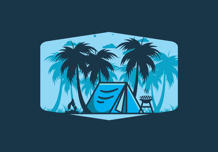 Colorful camping tent and coconut trees illustration designのイラスト素材