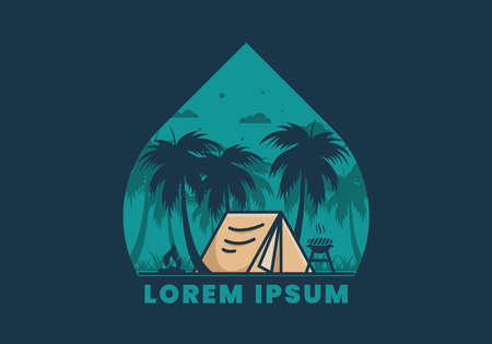 Colorful camping tent and coconut trees illustration designのイラスト素材