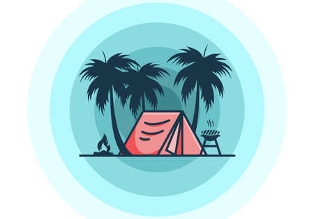 Colorful camping tent and coconut trees illustration designのイラスト素材