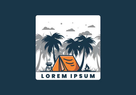 Colorful camping tent and coconut trees illustration designのイラスト素材
