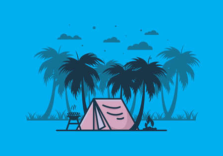 Colorful camping tent and coconut trees illustration designのイラスト素材