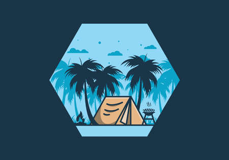 Colorful camping tent and coconut trees illustration designのイラスト素材