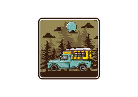Wood campervan in the forest illustration designのイラスト素材