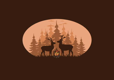 Couple deer and bonfire illustration designのイラスト素材