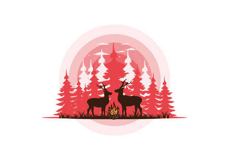 Couple deer and bonfire illustration designのイラスト素材