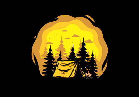 Midnight camping with bonfire illustration designのイラスト素材