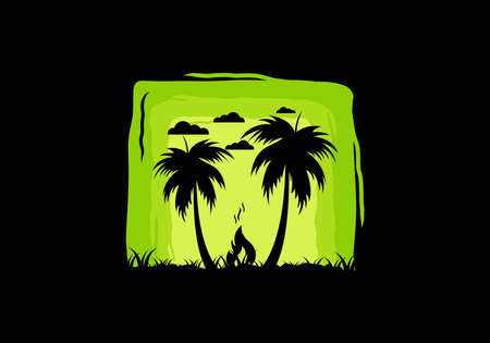 Silhouette of bonfire and coconut trees on the beach illustrationのイラスト素材