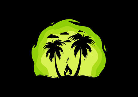 Silhouette of bonfire and coconut trees on the beach illustrationのイラスト素材