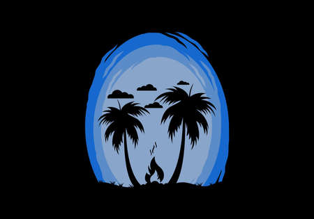 Silhouette of bonfire and coconut trees on the beach illustrationのイラスト素材