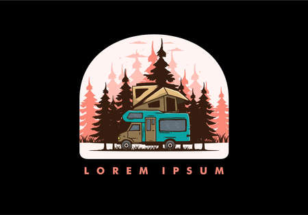 Car roof camping in the jungle illustration designのイラスト素材