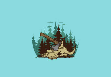 an ax stuck in a buffalo skull illustration designのイラスト素材