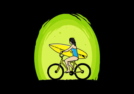 illustration design of a woman going surfing on a bicycleのイラスト素材