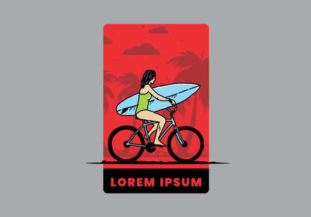 illustration design of a woman going surfing on a bicycleのイラスト素材