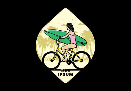 illustration design of a woman going surfing on a bicycleのイラスト素材