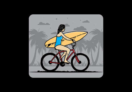 illustration design of a woman going surfing on a bicycleのイラスト素材