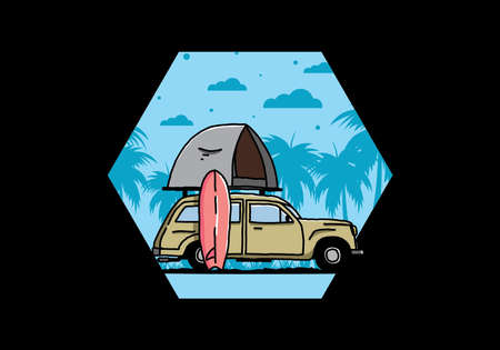 Illustration design of car with a roof tent and a surfboard on the sideのイラスト素材