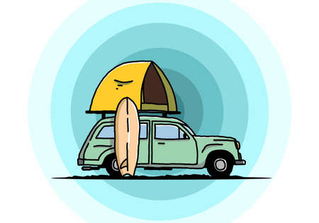 Illustration design of car with a roof tent and a surfboard on the sideのイラスト素材