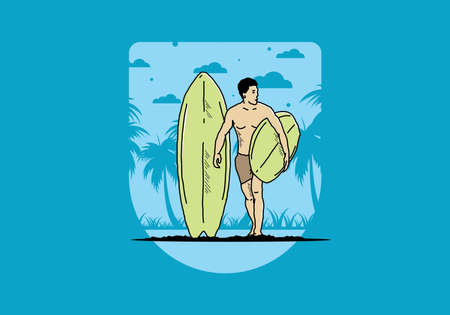 The shirtless man holding surfboard illustration designのイラスト素材