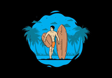 The shirtless man holding surfboard illustration designのイラスト素材