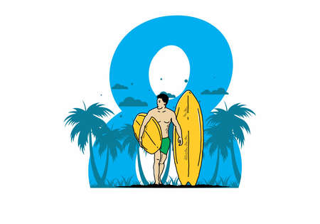 The shirtless man holding surfboard illustration designのイラスト素材