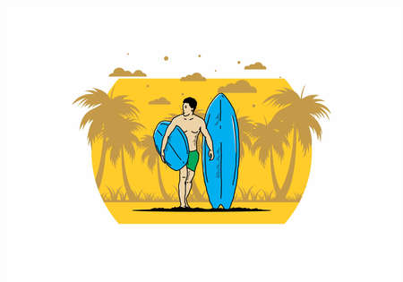 The shirtless man holding surfboard illustration designのイラスト素材