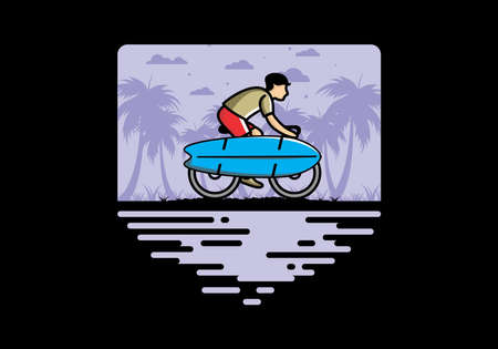 Ride a bike with a surf board illustration designのイラスト素材