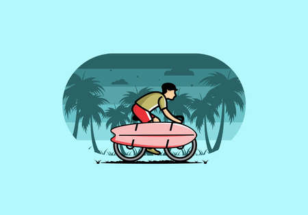 Ride a bike with a surf board illustration designのイラスト素材