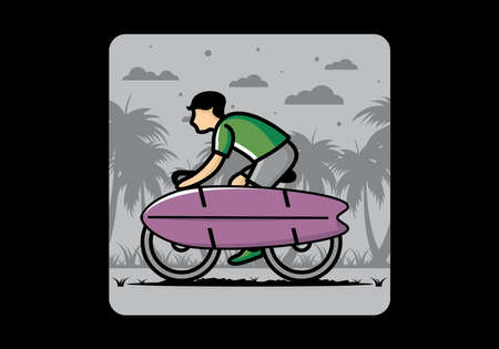 Ride a bike with a surf board illustration designのイラスト素材